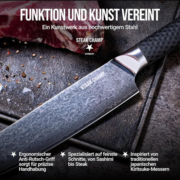Damast Kochmesser 20cm „WAGYU“ mit Lederscheide