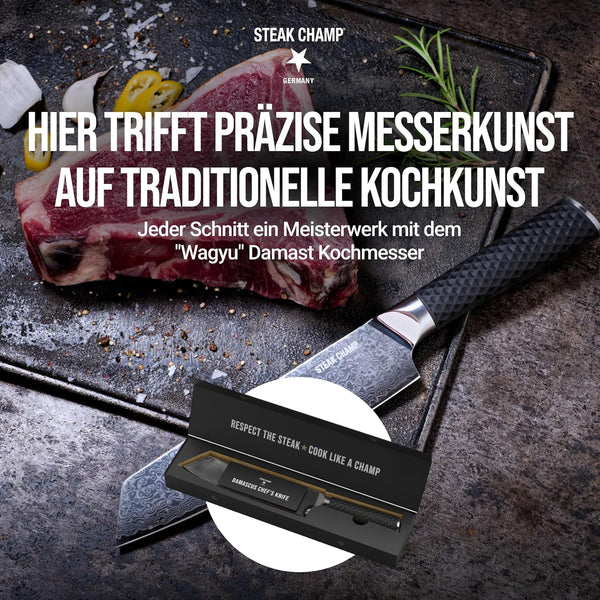 Damast Kochmesser 20cm „WAGYU“ mit Lederscheide