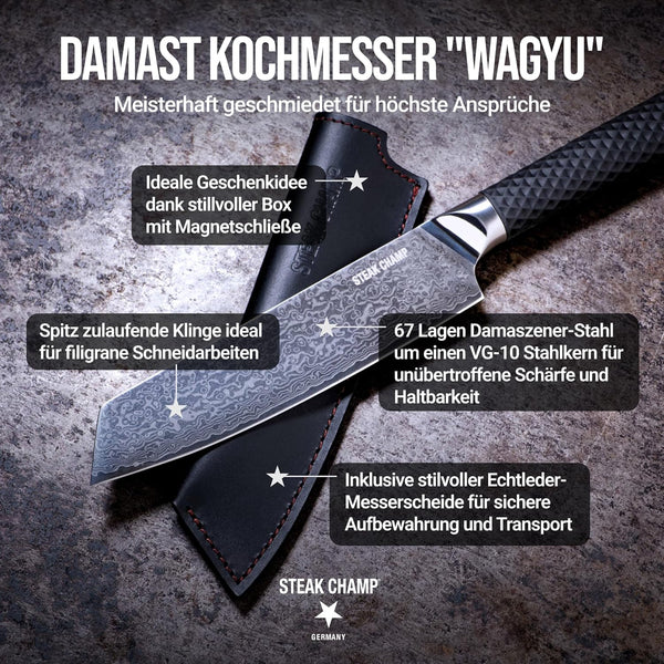 Damast Kochmesser 20cm „WAGYU“ mit Lederscheide